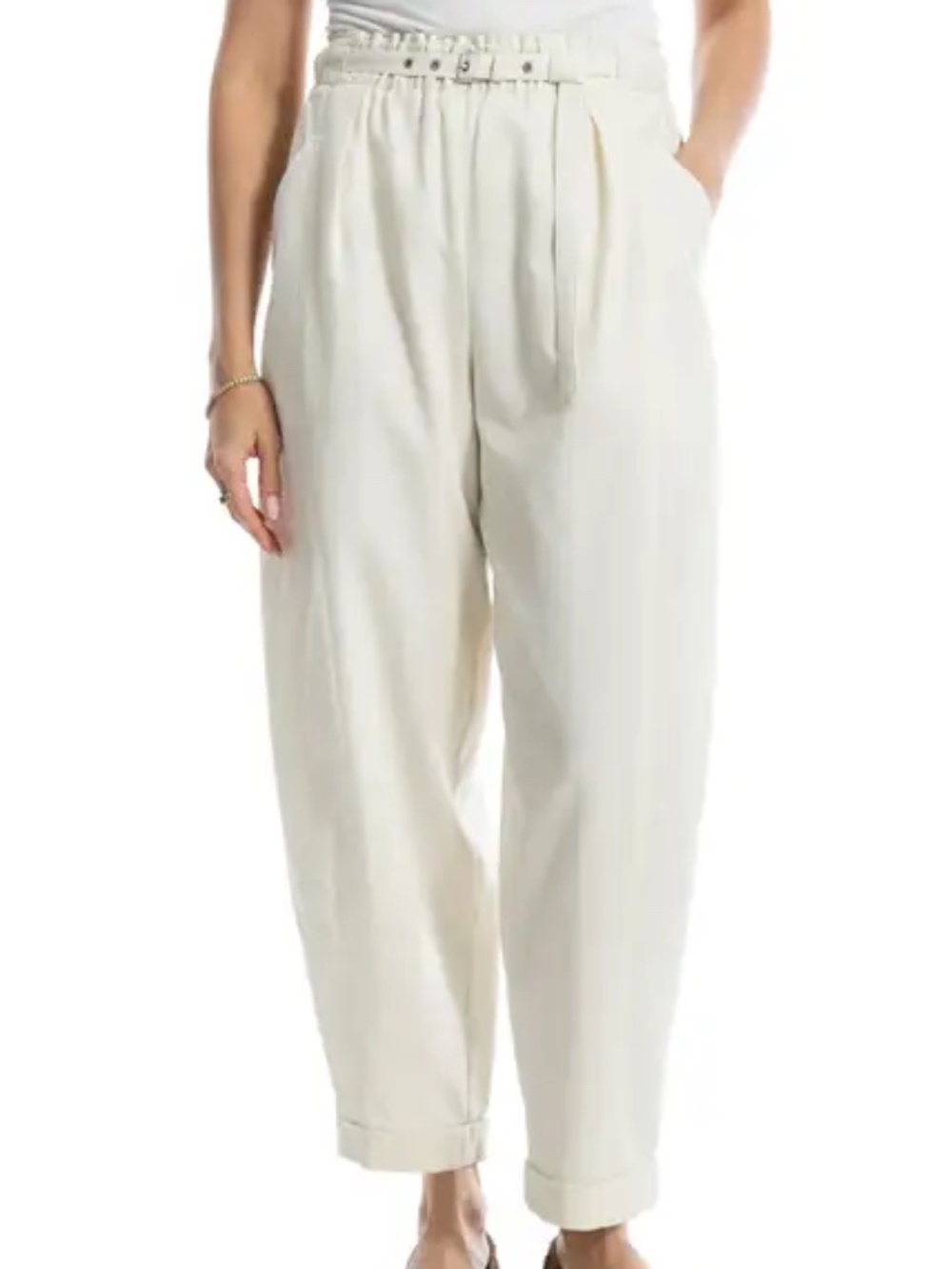 NWT Max Studio Textured Cream Barrel Leg Pull On Trousers, Large